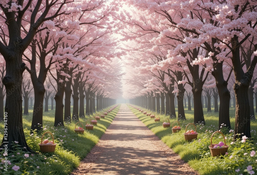 Naklejka premium Tranquil Cherry Blossom Pathway Colorful Easter Baskets Blooming Spring Landscape - Easter Celebration Spring Event Marketing