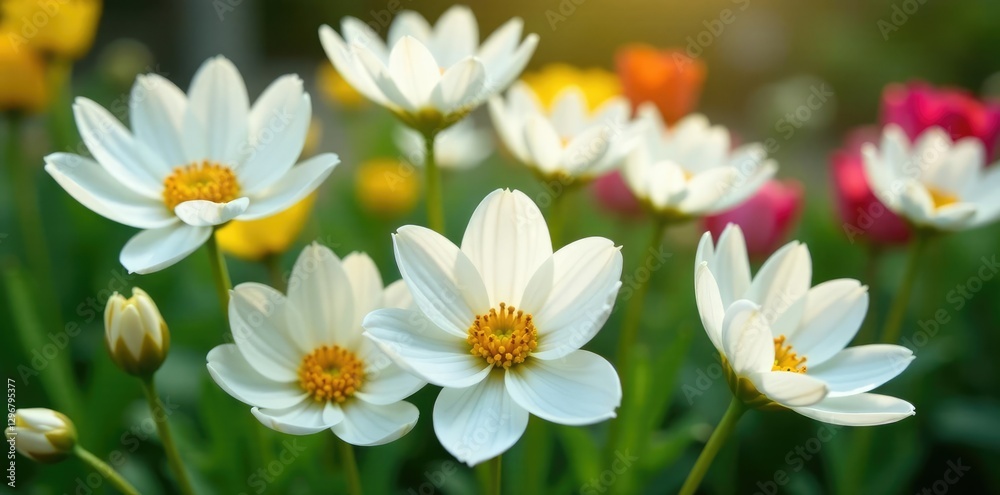White flowers with yellow centers in a garden, petals, garden White flowers with yellow centers in a garden, petals, garden