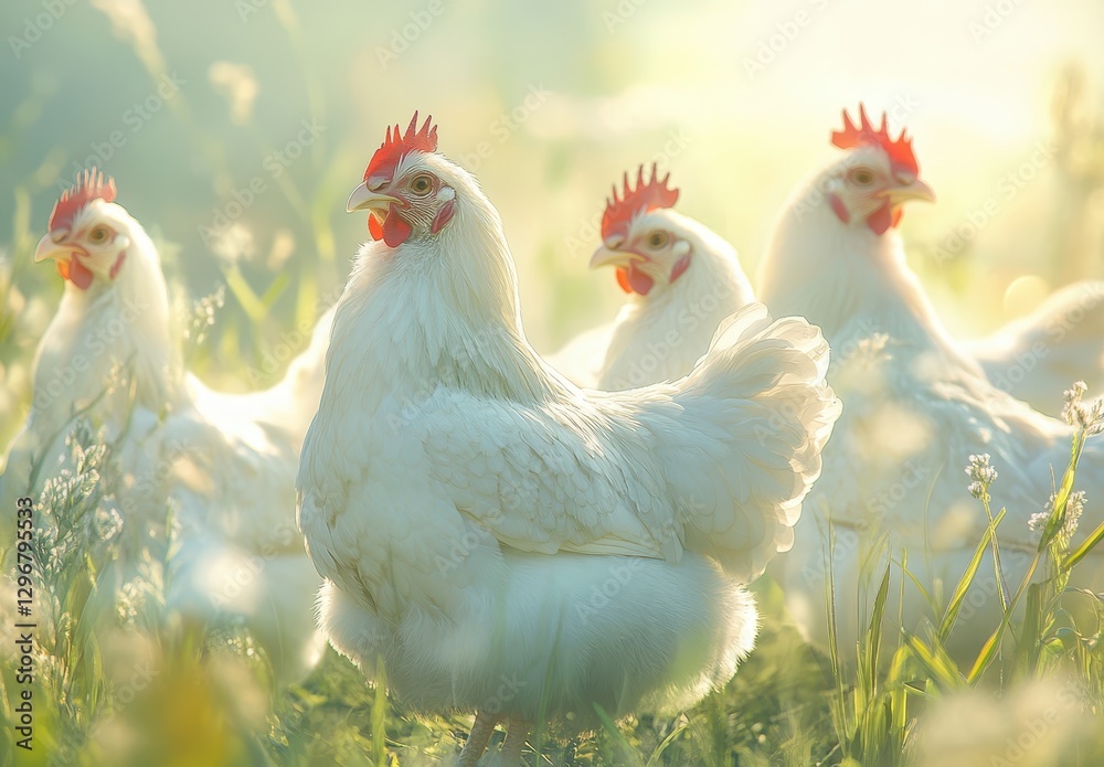 Fototapeta premium Four White Chickens in a Sunlit Meadow with Bokeh Effect and Soft Focus on a Beautiful Spring Morning