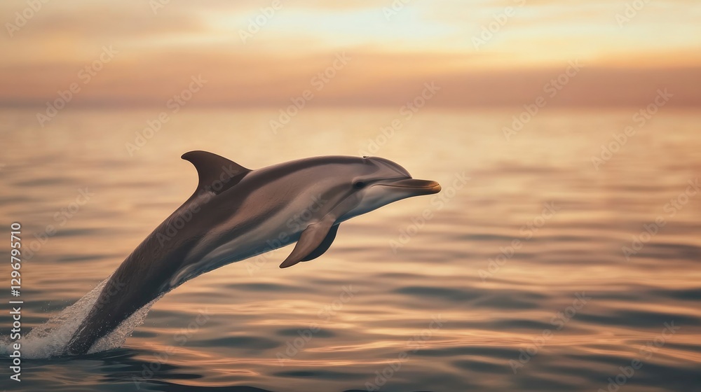 Fototapeta premium Dolphin leaps gracefully above calm waters at sunset, capturing
