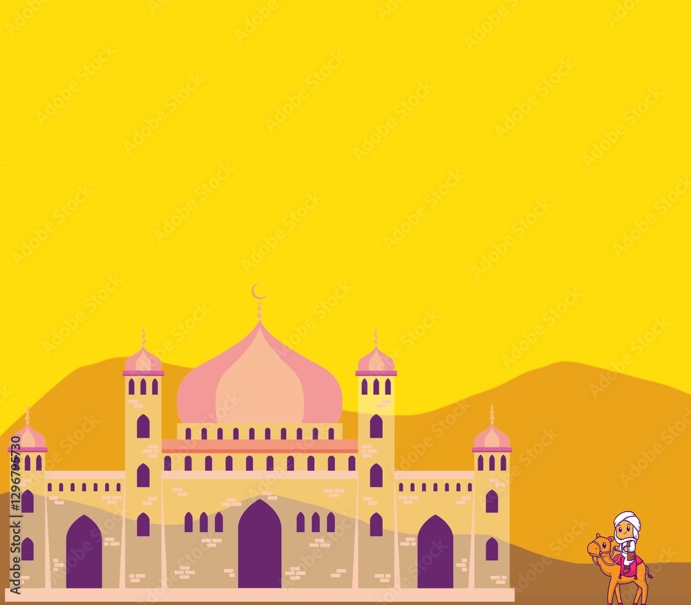 Fototapeta premium [Happy Eid] a man riding a camel to the mosque