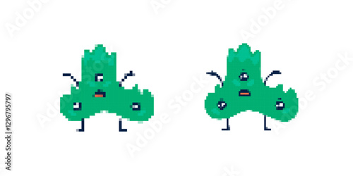 "two pixel art monsters with multiple eyes and expressive faces. each has a vibrant green body.".
