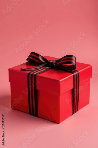 Gift box with a elegant black and red striped ribbon tied around it, gift idea, red, box