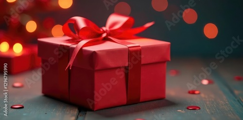 Gift box wrapped in red ribbon with a slight bow, festive, red, present