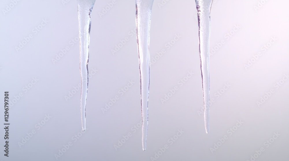 Dripping icicles hang against soft gray backdrop, capturing wint Dripping icicles hang against soft gray backdrop, capturing wint