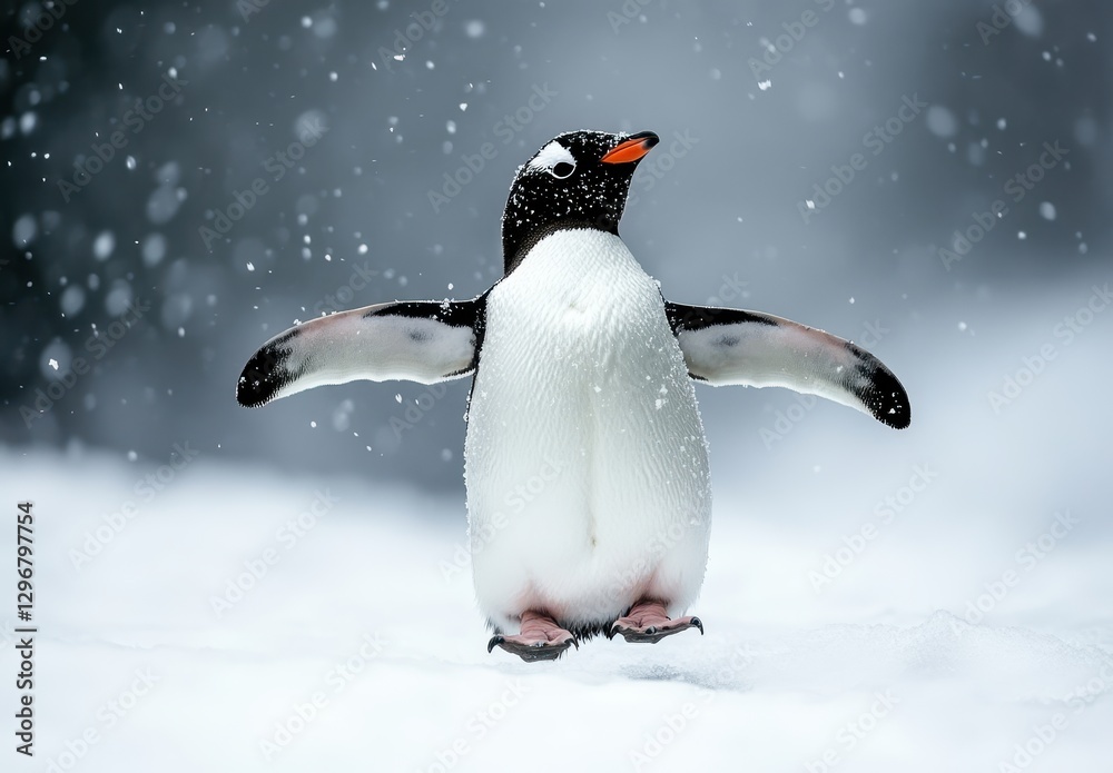 Obraz premium Gentoo Penguin Displaying Unique Stance in a Snowy Landscape with Flurries of Snowflakes in a Winter Wonderland Setting