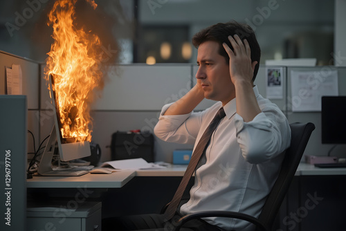 Desperate business work man looking at his computer on fire