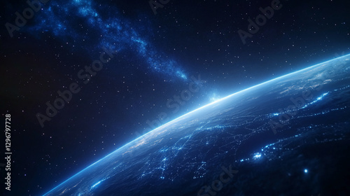 A close-up view of Earth from space with glowing network lines, showcasing global connectivity and the technological evolution, representing the future of communication