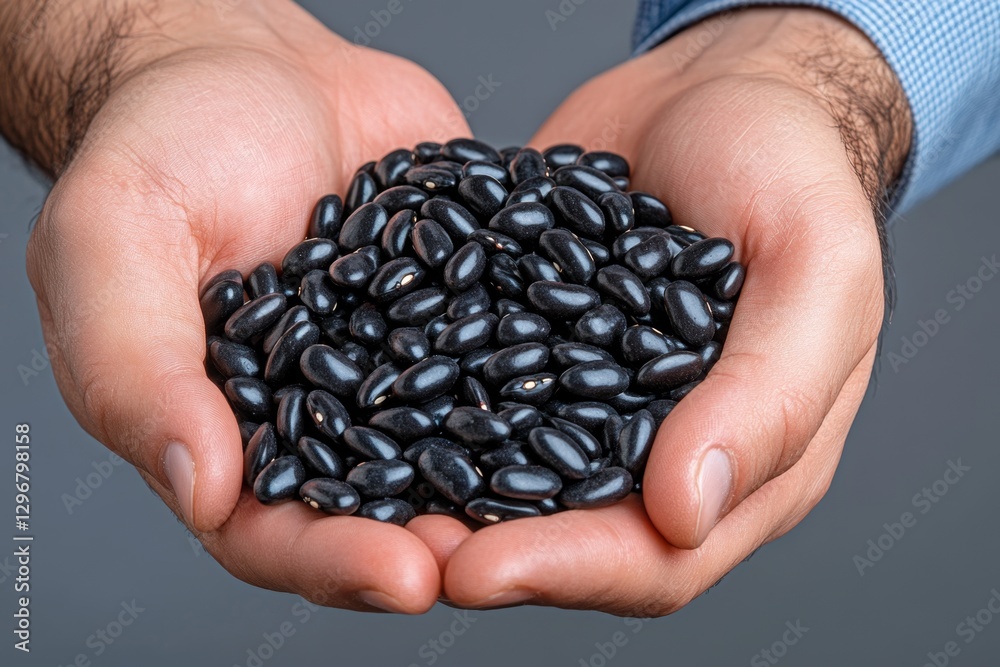 A person holding a handful of shiny black beans, ready to be cooked A person holding a handful of shiny black beans, ready to be cooked