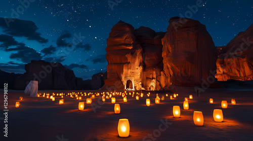 Illuminated rock formations at night in al-Ula, Saudi Arabia