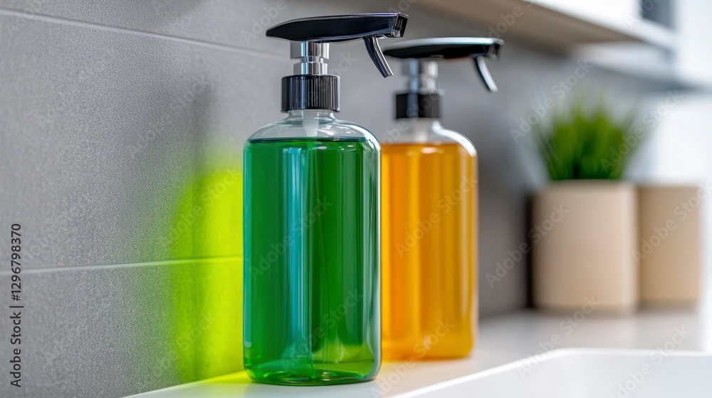 Colorful Cleaning Liquid Bottles Displayed on Modern Kitchen Counter Colorful Cleaning Liquid Bottles Displayed on Modern Kitchen Counter