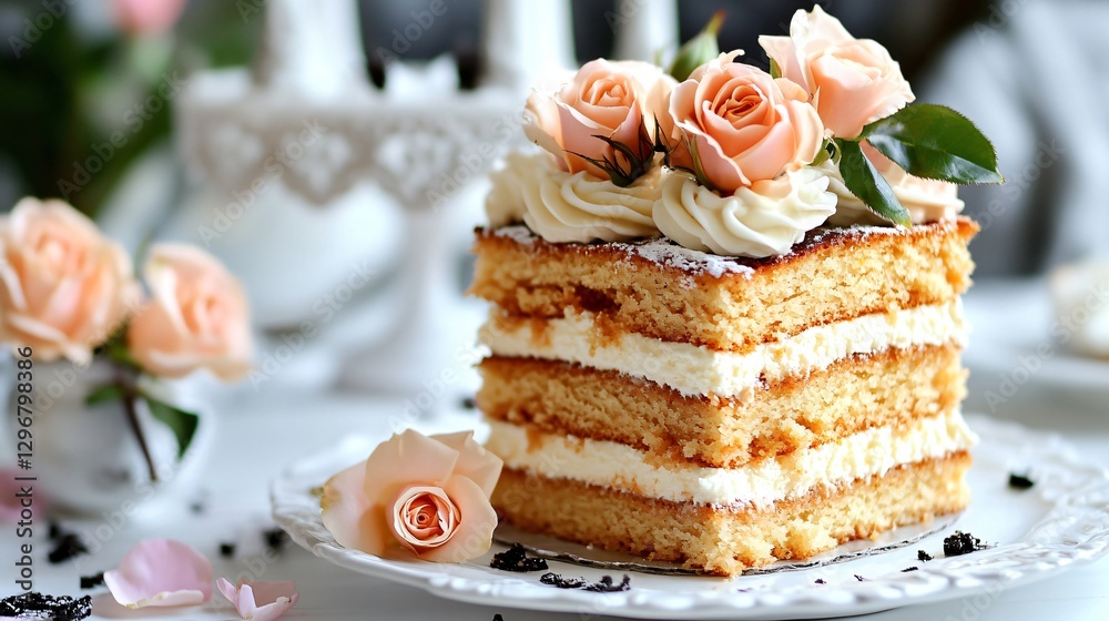 Beautiful layered cake with cream and fresh roses on a decorative plate, perfect for celebrations and events Beautiful layered cake with cream and fresh roses on a decorative plate, perfect for celebrations and events