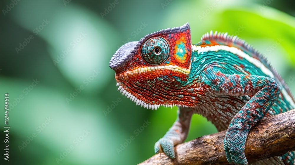 Fototapeta premium Colorful Chameleon Perched on a Branch in Lush Green Environment