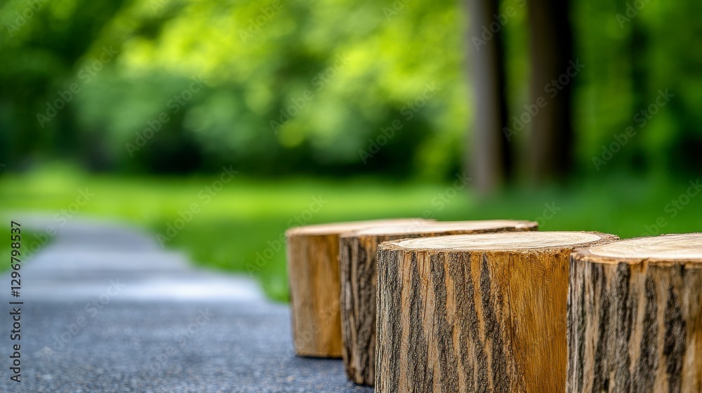 Wooden Logs on Pathway Surrounded by Lush Green Nature Scene Wooden Logs on Pathway Surrounded by Lush Green Nature Scene