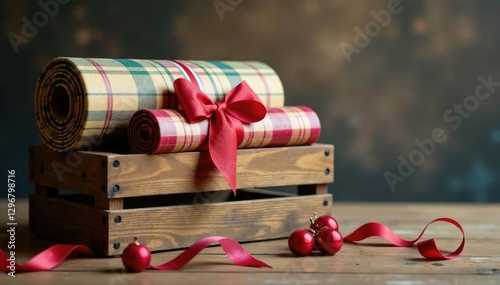 Plaid wrapping paper rolls on a rustic wooden crate, crate, tablecloth, gift