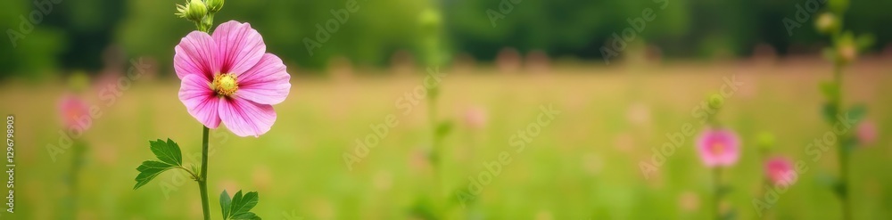 Fototapeta premium Single pink hollyhock stem with leaves in a field or meadow landscape, botanical, petal, nature