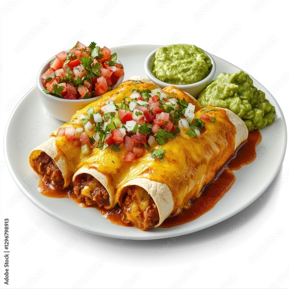 A flat lay of beef enchiladas baked with melted cheese, served with pico de gallo and guacamole on the side on a white background A flat lay of beef enchiladas baked with melted cheese, served with pico de gallo and guacamole on the side on a white background