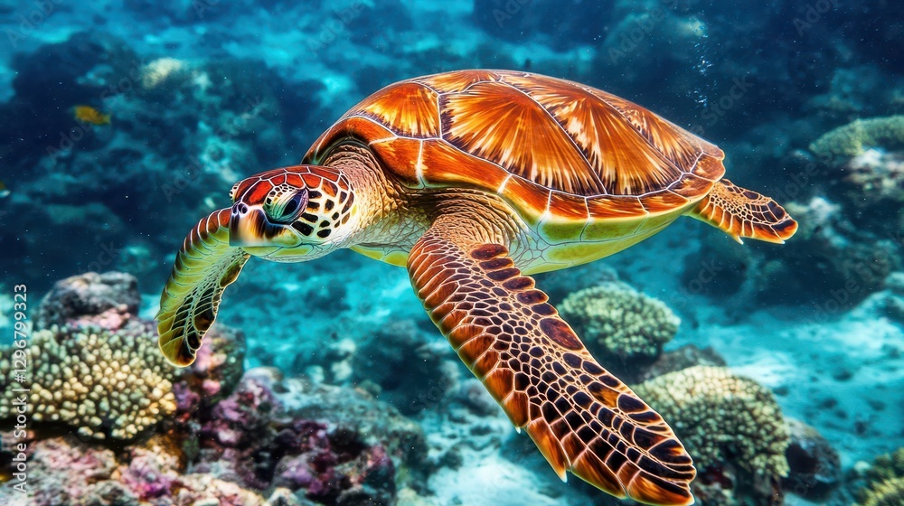 Fototapeta premium Colorful Sea Turtle Swimming Gracefully Among Coral Reefs