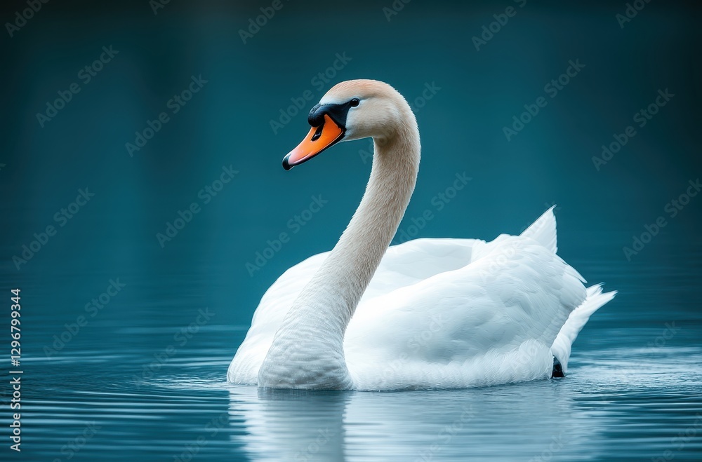 Fototapeta premium Graceful swan gliding smoothly across tranquil blue water reflecting soft light and showcasing stunning feathers in serene natural environment
