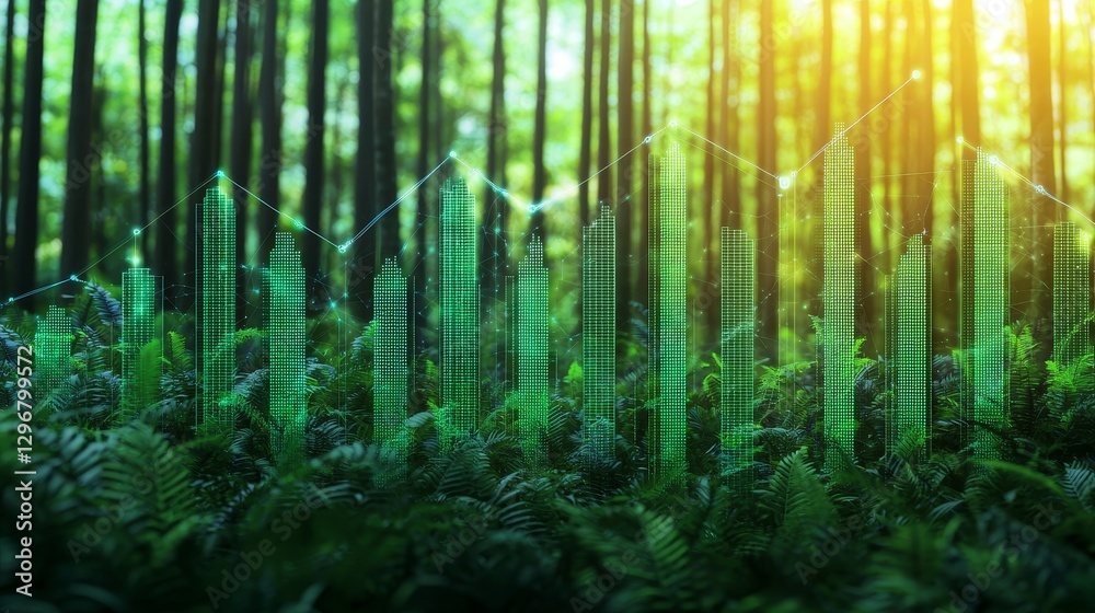 Naklejka premium Innovative data visualization in lush forest nature analysis digital art green environment upward perspective concept