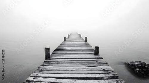 Abandoned wooden pier extending into a vast, misty sea, evoking solitude and nostalgia in monochrome tones