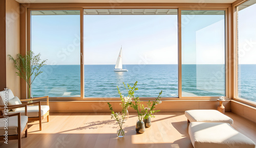 House with floor-to-ceiling window and wooden floor and flower,  sea and sailboat out of the window
