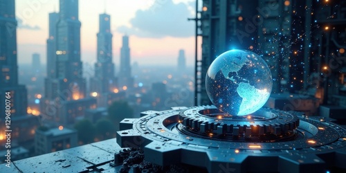 Futuristic cityscape backdrop featuring a glowing digital earth globe resting on a complex mechanical apparatus, symbolizing global technological innovation and interconnectedness.
