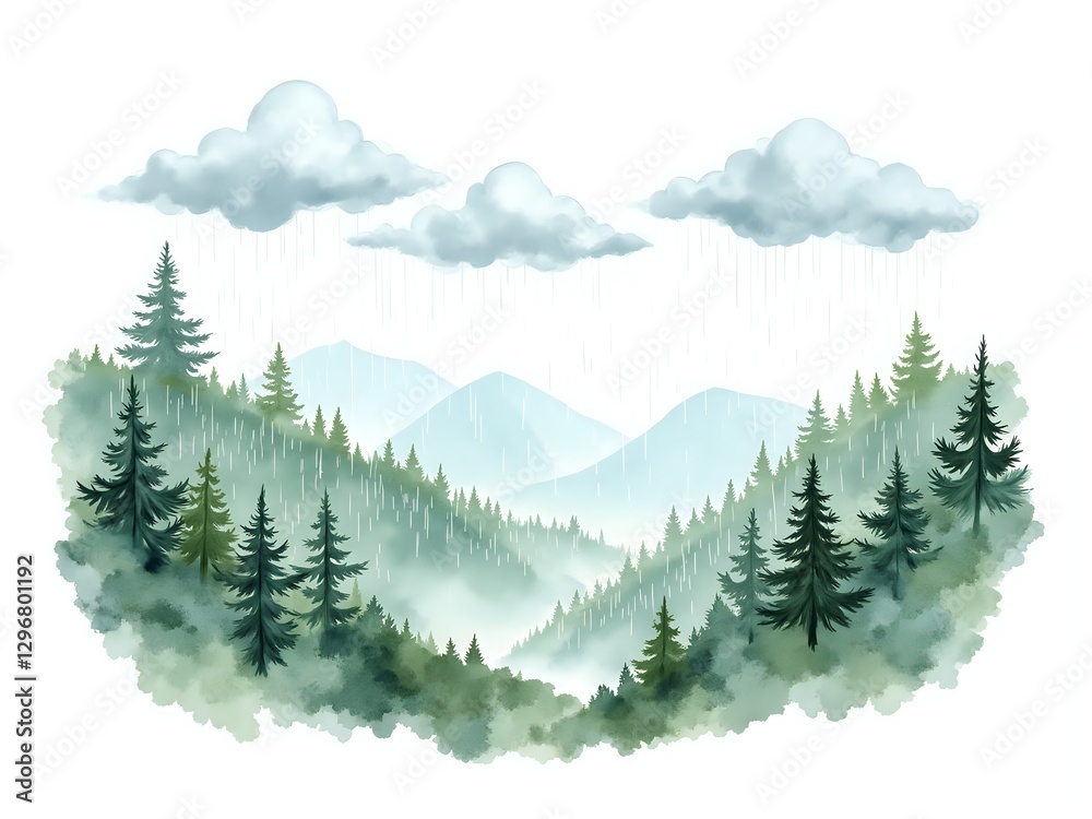 Fototapeta premium Serene misty forest valley under a gentle rain