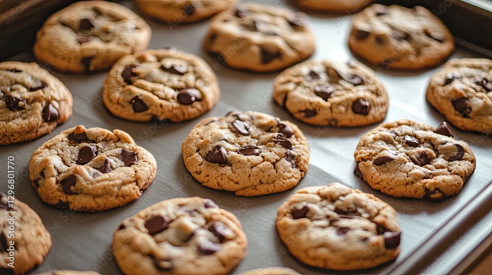 Freshly Baked Chocolate Chip Cookies: A close-up shot of a baking tray filled with golden-brown chocolate chip cookies, showcasing their inviting texture and irresistible appeal. Freshly Baked Chocolate Chip Cookies: A close-up shot of a baking tray filled with golden-brown chocolate chip cookies, showcasing their inviting texture and irresistible appeal.
