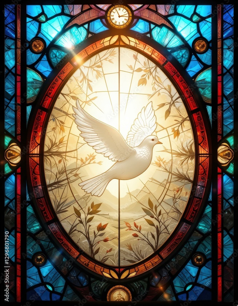 Stained Glass Illustration White Dove Flight Floral Motifs Clock Warm Golden Background - Symbol Peace Spirituality Religious Events, Easter Celebrations, Meditation Stained Glass Illustration White Dove Flight Floral Motifs Clock Warm Golden Background - Symbol Peace Spirituality Religious Events, Easter Celebrations, Meditation