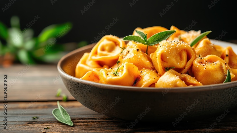 A bowl of creamy tortellini garnished with fresh herbs, highlighting the sumptuous flavor and inviting presentation of this delightful Italian dish. A bowl of creamy tortellini garnished with fresh herbs, highlighting the sumptuous flavor and inviting presentation of this delightful Italian dish.