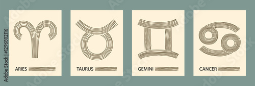 Trendy minimalist zodiac signs:  taurus, cancer, aries and gemini. Abstract hand drawn vector horoscope