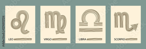 Trendy minimalist zodiac signs: libra, leo, virgo and scorpio. Abstract hand drawn vector horoscope