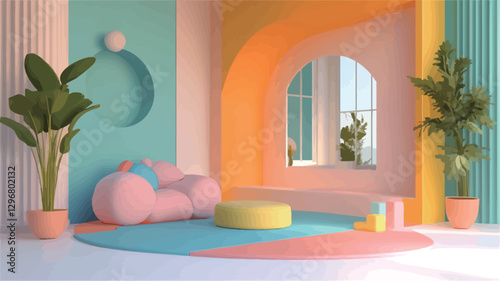 Digitally rendered image depicting a modern interior space. The scene features pastel-colored walls in shades of teal, orange, and pink, segmented by geometric shapes.  Archways are prominent