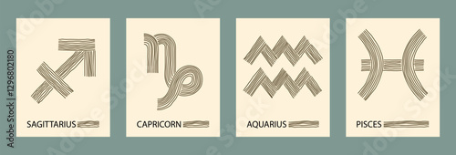 Trendy minimalist zodiac signs: aquarius, pisces, capricorn and sagittarius. Abstract hand drawn vector horoscope
