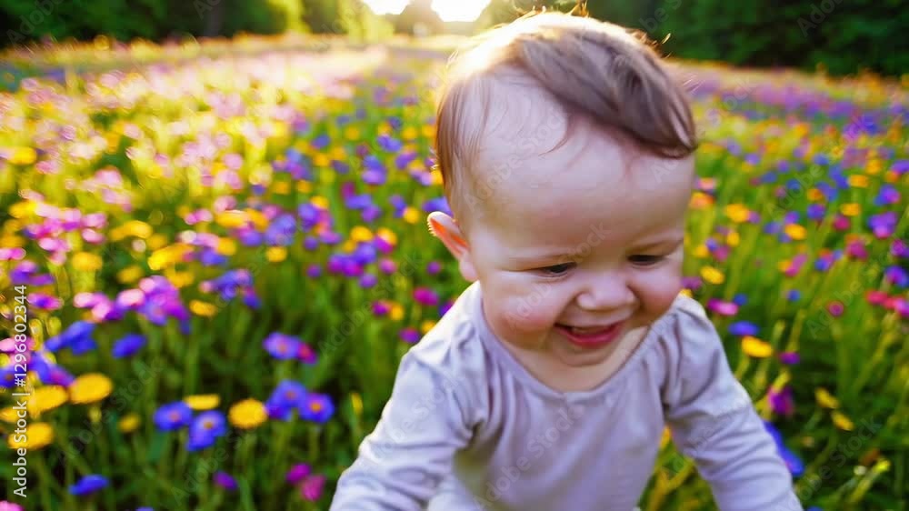 Baby Exploring Flowers in Meadow Baby Exploring Flowers in Meadow
