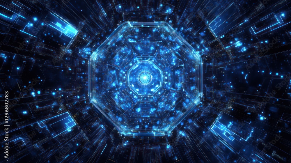 Fototapeta premium Abstract digital tunnel, glowing octagon, futuristic, technology, background