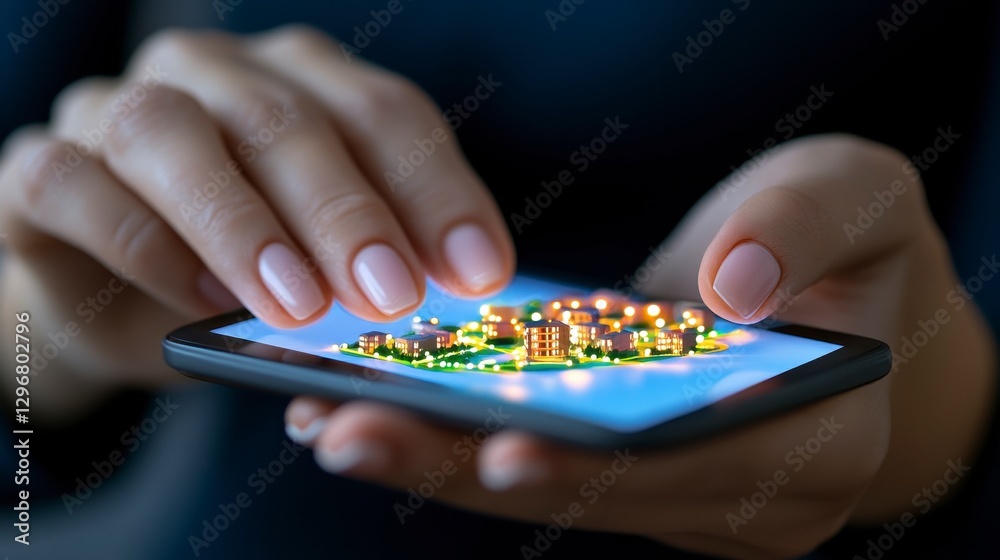 Hand Holding Smartphone Displaying Colorful City Model at Night Hand Holding Smartphone Displaying Colorful City Model at Night