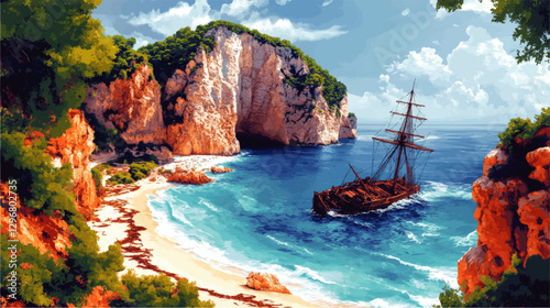 Stunning Vector Art of Shipwreck on Tropical Beach Surrounded by Cliffs and Azure Sea; Perfect for Nature, Travel, Ocean, Adventure, and Coastal Scenes