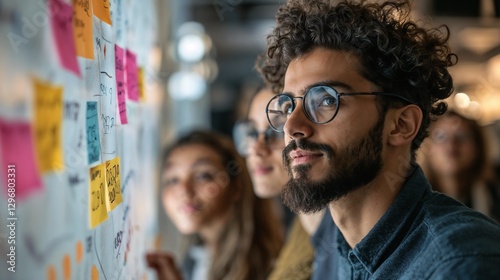 Young man focused on brainstorming with colleagues in a modern office
