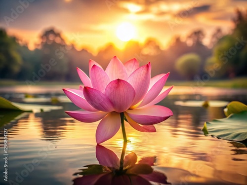Serene Pink Lotus Flower Blooming on Calm Lake at Sunrise - High-Resolution Stock Photo