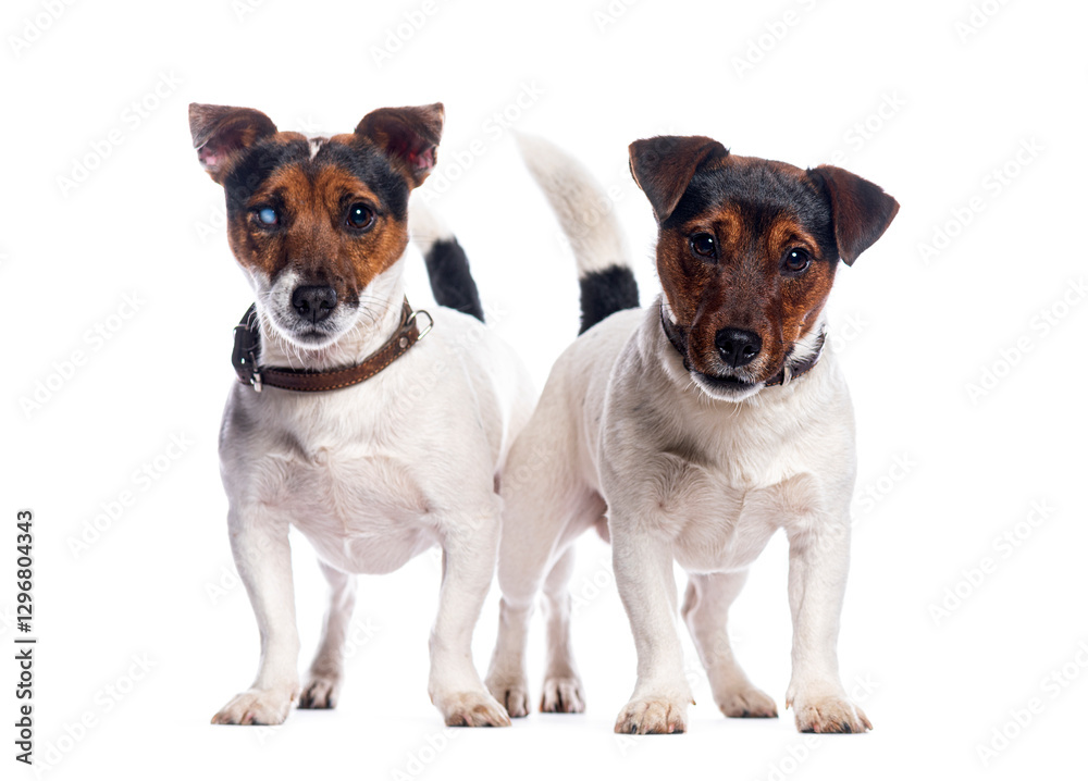 Two jack russell terriers standing, wearing brown collars, on white background Two jack russell terriers standing, wearing brown collars, on white background
