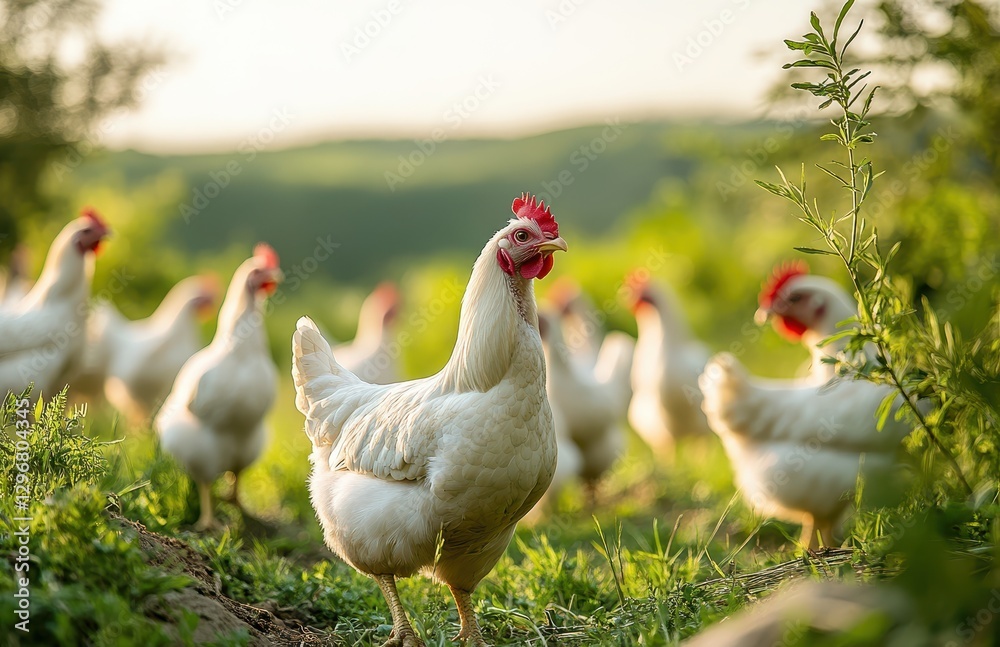 Group of Healthy Free-Range Chickens Roaming in a Lush Green Field Under a Bright Sky During Golden Hour in a Tranquil Countryside Setting Group of Healthy Free-Range Chickens Roaming in a Lush Green Field Under a Bright Sky During Golden Hour in a Tranquil Countryside Setting