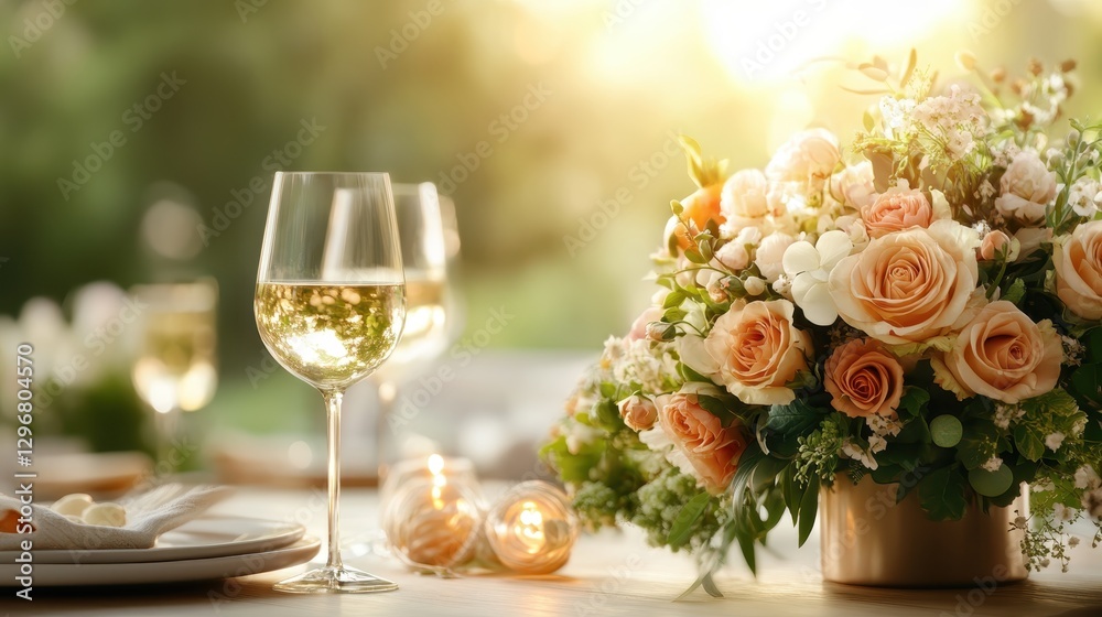 A refreshing dining setup featuring a bouquet of flowers, wine glasses, and a serene background, perfect for intimate gatherings or special occasions. A refreshing dining setup featuring a bouquet of flowers, wine glasses, and a serene background, perfect for intimate gatherings or special occasions.