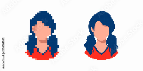 A pixel art portrait shows a girl with dark blue pigtails and a red shirt