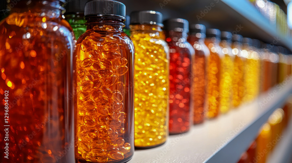 Bottles of multicolored dietary supplements neatly arranged on a shelf, showcasing vibrant gel capsules inside Bottles of multicolored dietary supplements neatly arranged on a shelf, showcasing vibrant gel capsules inside