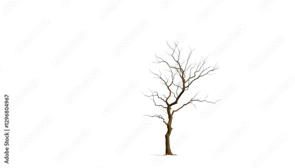 Obraz premium Lone tree, stark branches against pure white backdrop, trunk, detail