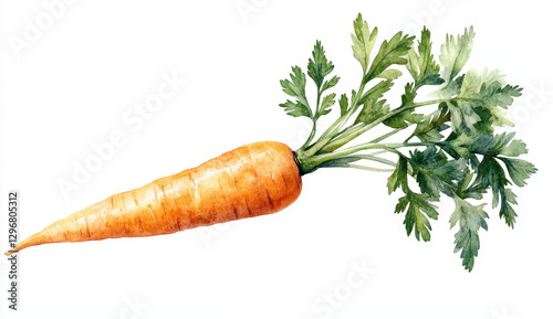Orange Carrot with Green Leaves Watercolor Illustration on White Background