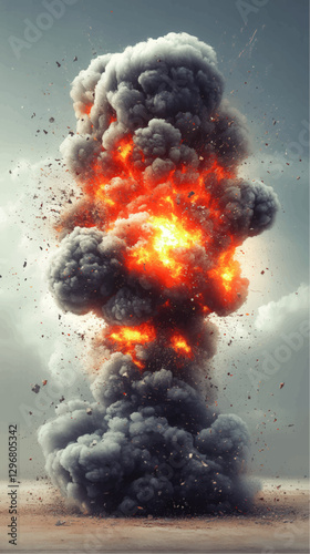 Dynamic Explosion Vector Art: Fiery Blast with Smoke Clouds and Debris in High-Resolution for Crisis Themes, Visual Effects, and Educational Illustration