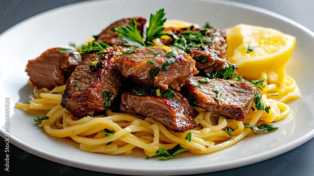 Delicious Plate of Spaghetti Topped with Grilled Beef Steak Garnished with Fresh Herbs and Lemon Slice Delicious Plate of Spaghetti Topped with Grilled Beef Steak Garnished with Fresh Herbs and Lemon Slice